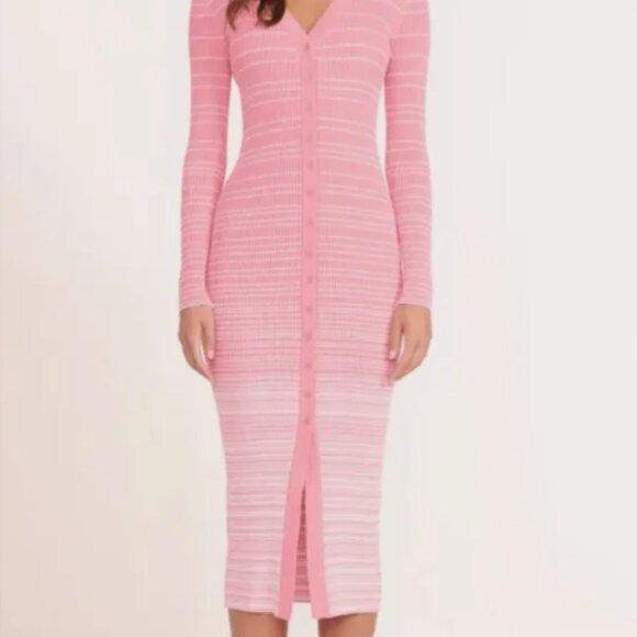 STAUD Pink Shoko Midi Dress NWT - Coral Pink/White - Size Medium - New with Tags - Picture 2 of 6
